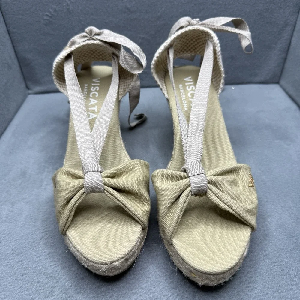 Viscata Barcelona Rosas Canvas Espadrille Wedges EU 41 US 10 Beige Ankle Tie